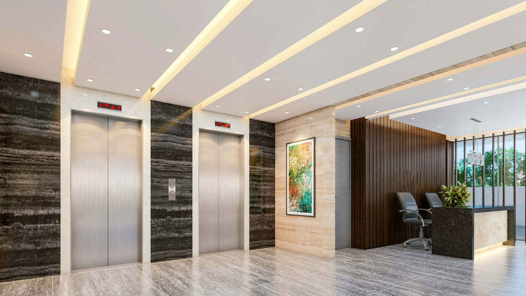 Office building lobby with elevators